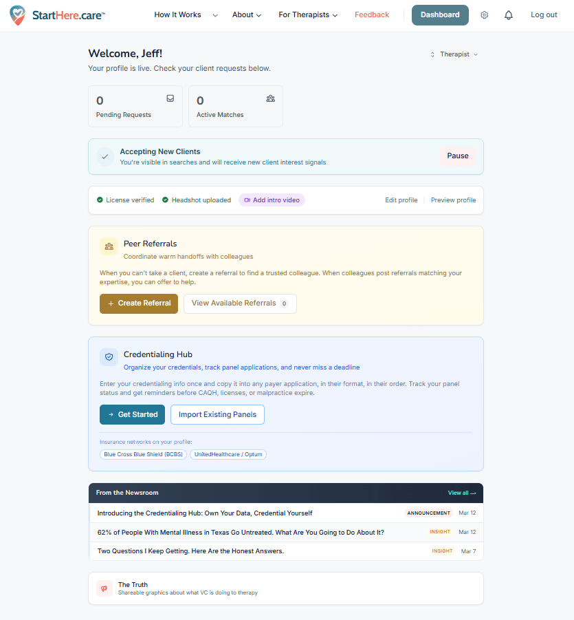 Therapist dashboard showing the Peer Referrals section with the Create Referral button