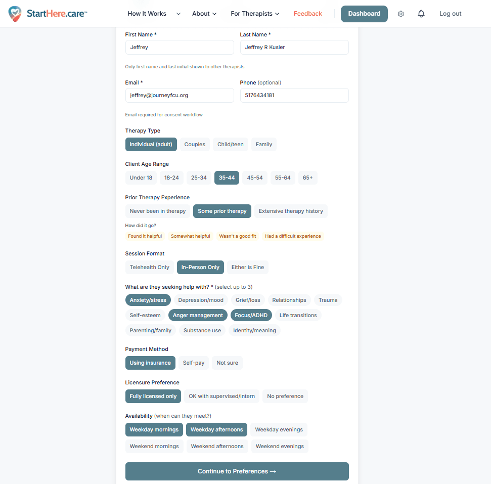 Referral creation form showing client contact info, therapy type, age range, session format, presenting concerns, payment method, and availability