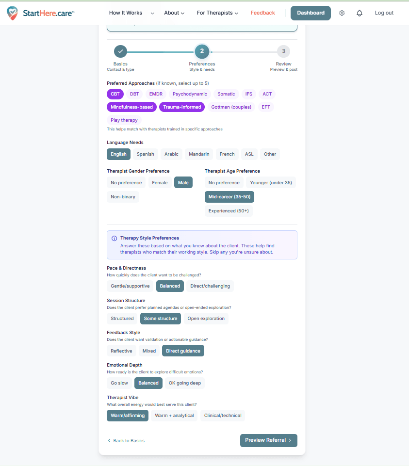 Preferences form showing therapeutic approaches, language needs, therapist gender and age preferences, and therapy style preferences