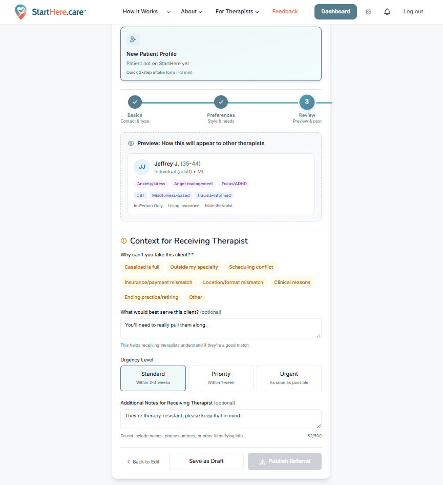 Review screen showing referral preview, context for receiving therapist, urgency level, and publish button