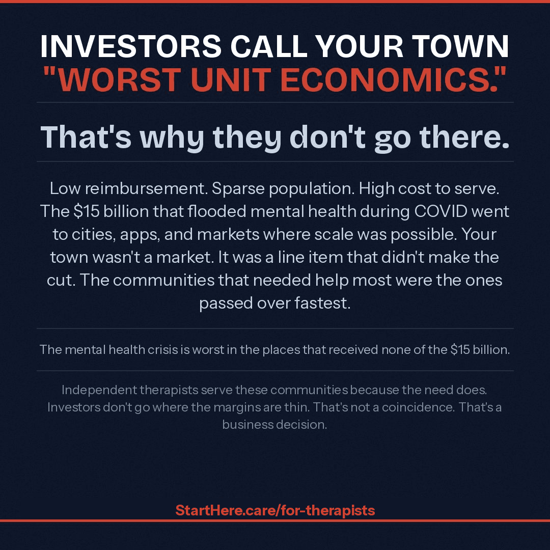 Worst unit economics. That's how investors describe rural mental health.