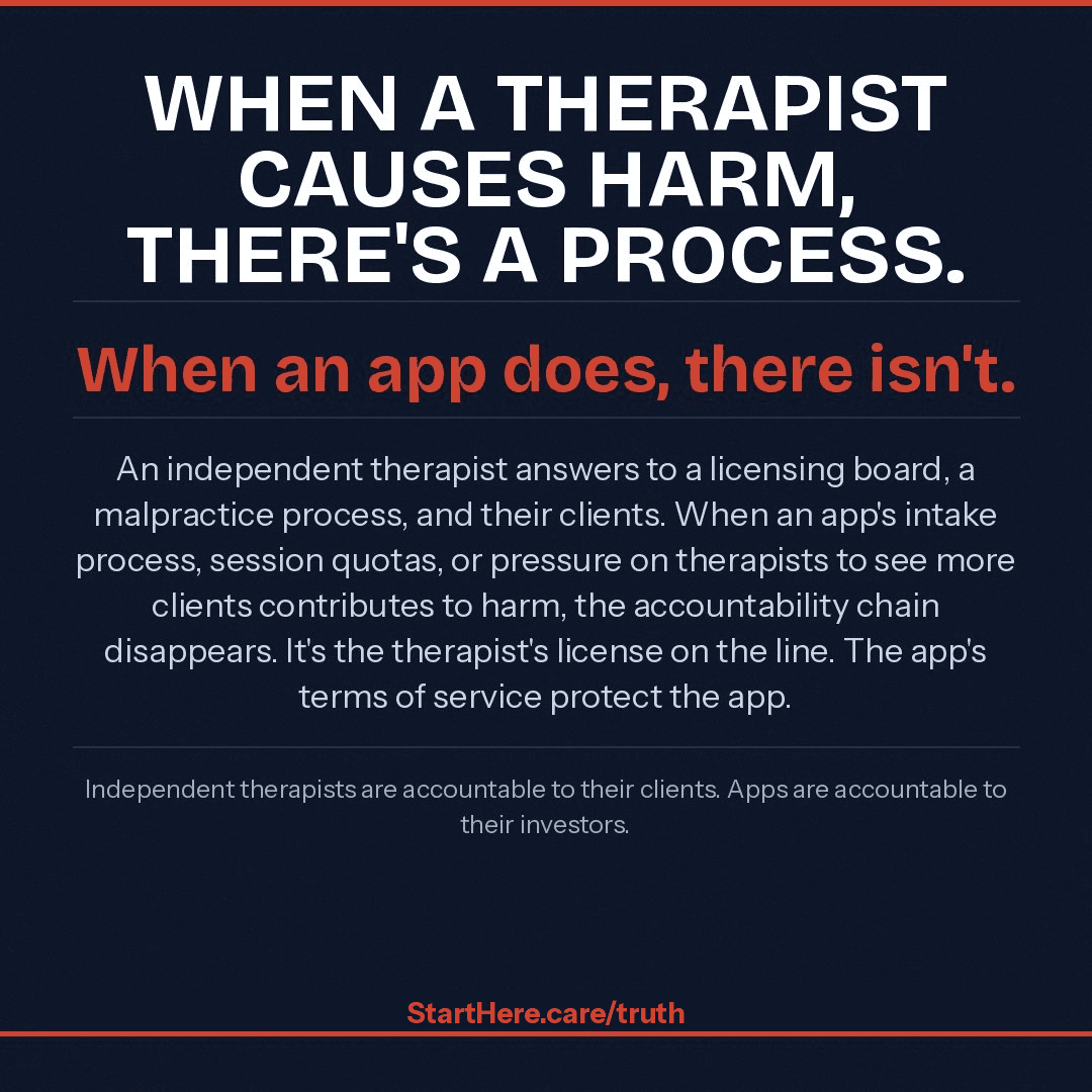 When a therapist causes harm, there's a process. When an app does, there isn't.
